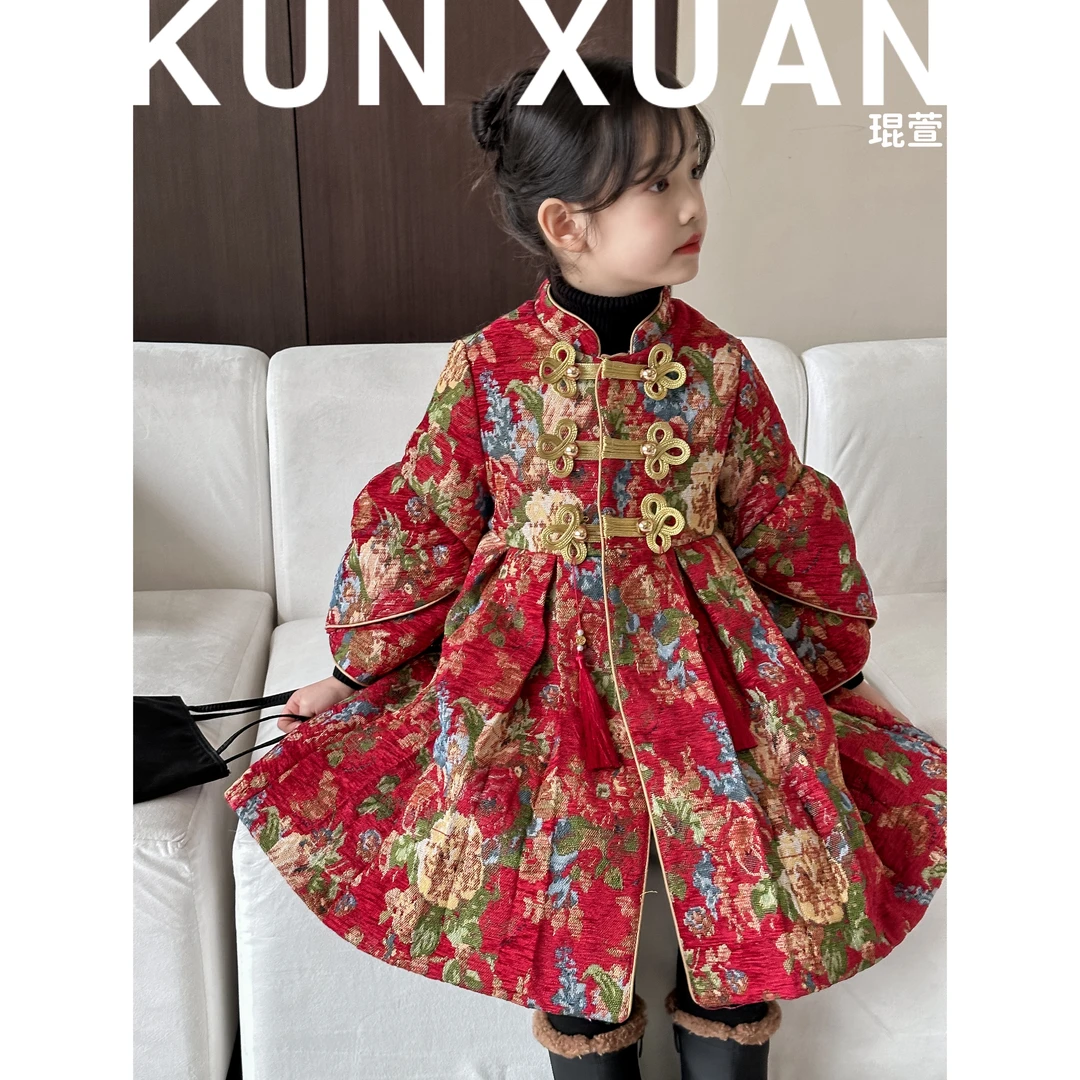 【琨萱】「花开富贵」女童新中式国风冬款加厚刺绣提花裙 23AU136