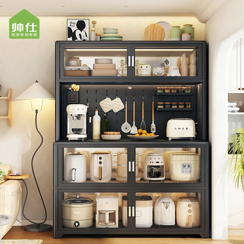 厨房餐边柜置物架落地多层靠墙一体储物柜子微波炉多功能收纳橱柜