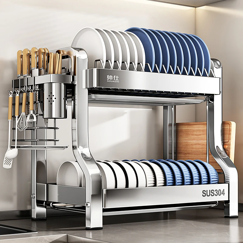 帅仕304不锈钢碗架厨房置物架多功能放碗筷碗盘沥水架碗碟收纳架