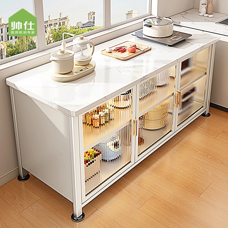 加厚岩板操作台厨房置物架落地厨房收纳柜微波炉烤箱锅具餐边柜