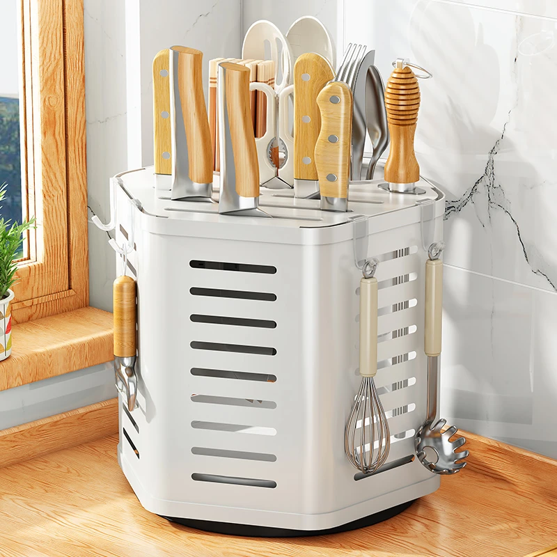 可旋转刀架置物架厨房多功能家用台面筷子笼刀具菜刀板一体收纳架