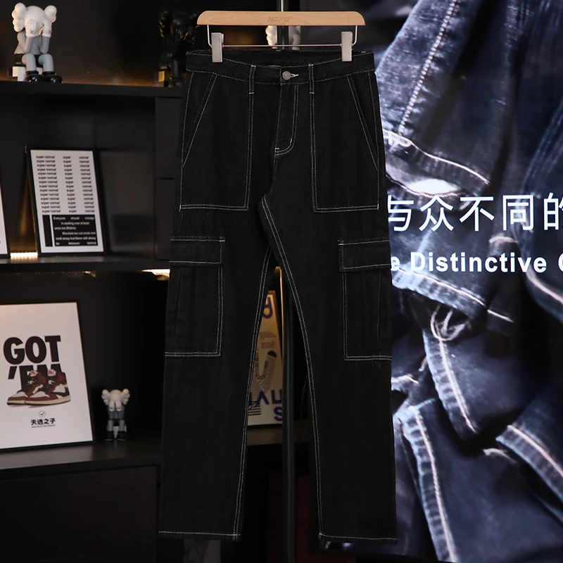 日系男款春季百搭直筒黑色牛仔工装裤宽松赤耳水洗阔腿长裤子高端
