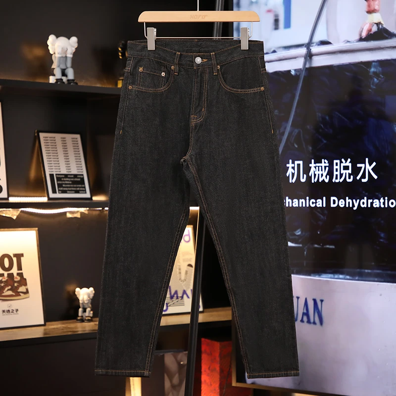 黑色九分牛仔裤男休闲宽松直筒新款港风赤耳丹宁小脚高端裤子男款