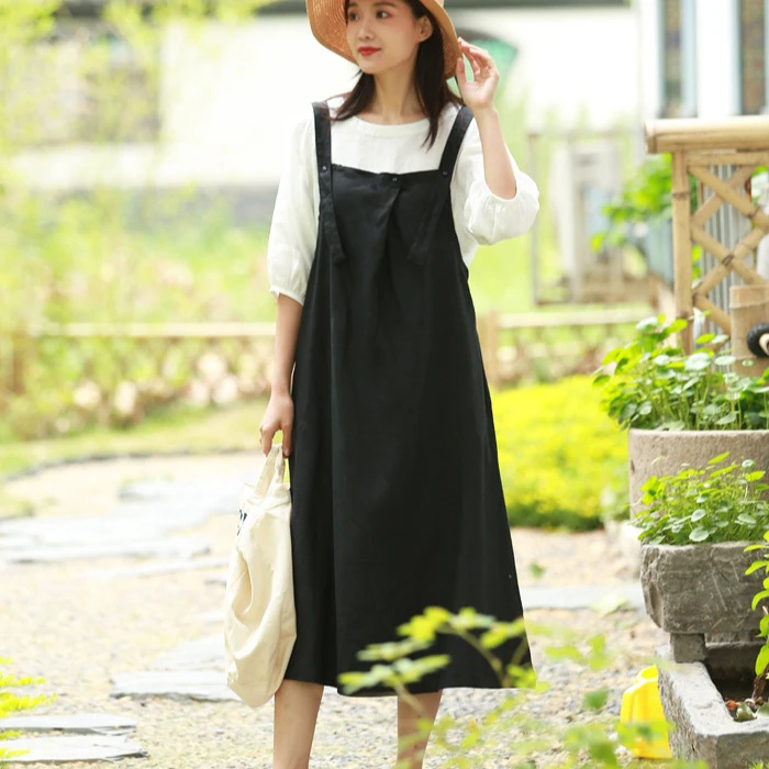 夏季新品文艺复古亚麻吊带长裙中长款新款宽松减龄黑色背带裙女
