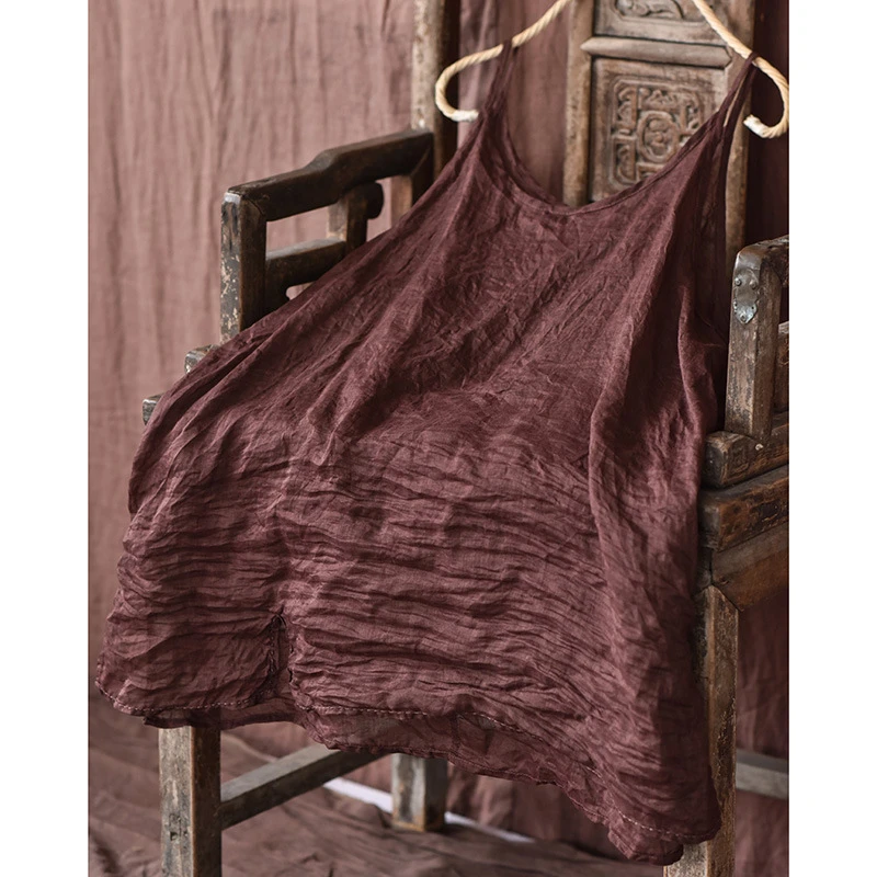 4051原创大码女装高支轻薄苎麻加长吊带 清凉打底混搭手缝线背心