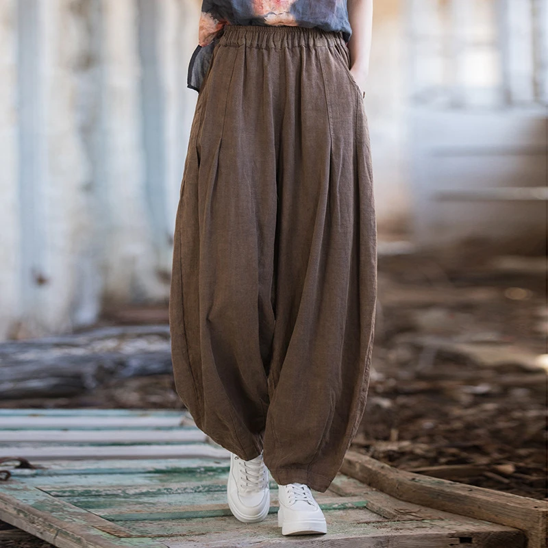 苎麻砂炒做旧长裤夏棉麻女装新品女式文艺复古灯笼裤宽松版休闲裤