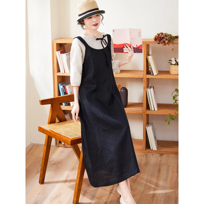 文艺复古棉麻女装减龄亚麻黑色连衣裙新款早春夏季女装背带裙上衣