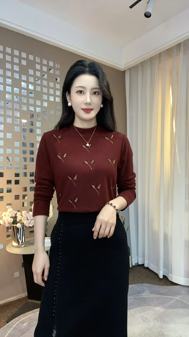 秋冬新款半高领纯色麦穗烫钻显瘦百搭气质减龄洋气长袖打底衫