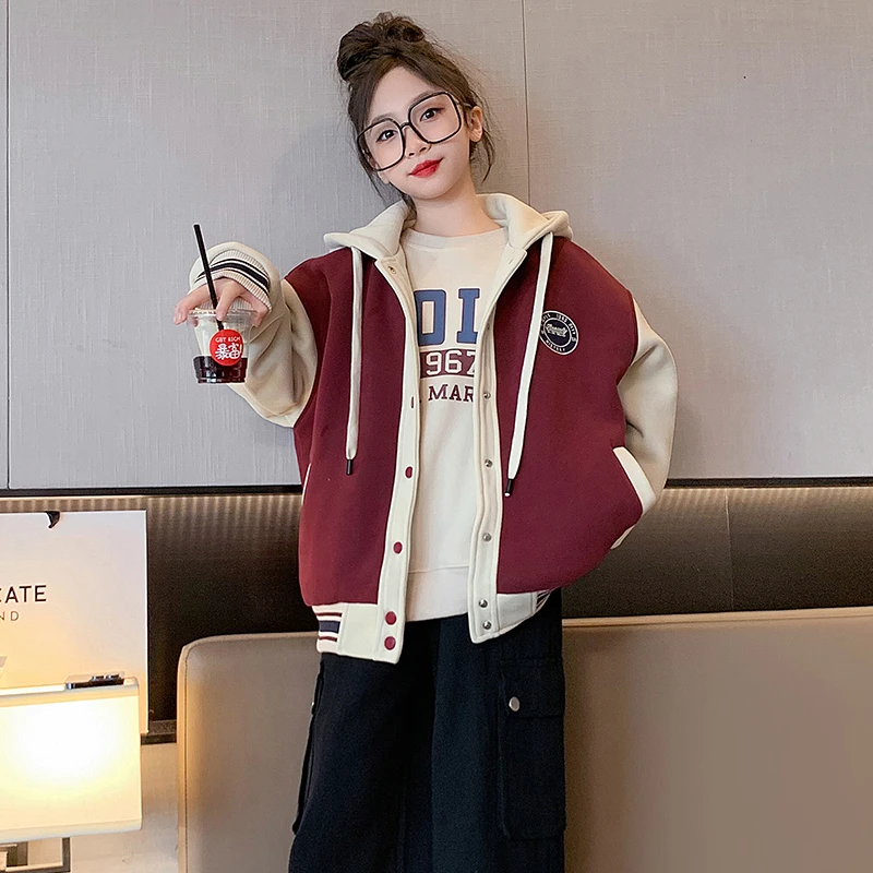 女童春秋外套2024新款儿童韩版连帽网红中大童秋季休闲拼色棒球服