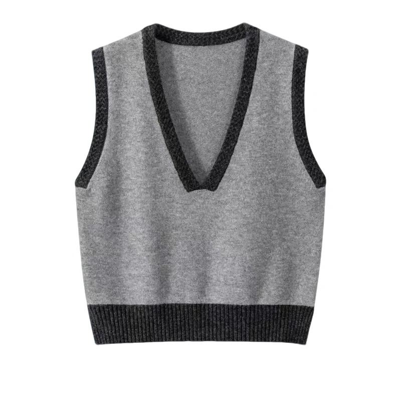 100绵羊毛气质大V领针织背心女秋冬2024新款宽松外穿百搭毛衣坎肩