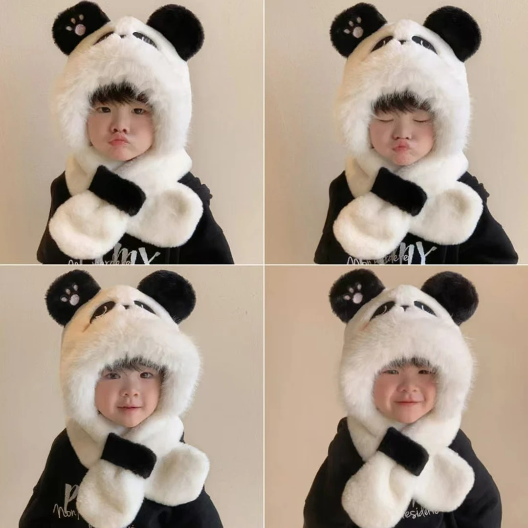 儿童帽子毛绒熊猫耳朵围巾一体帽男女童加绒保暖护耳可爱套头帽 L