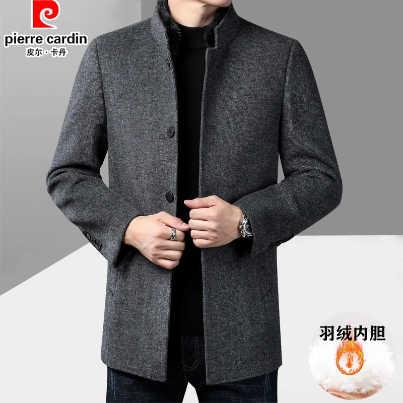 皮尔卡丹男士羊毛呢子外套中长款立领中年男士双面呢高档加厚大衣