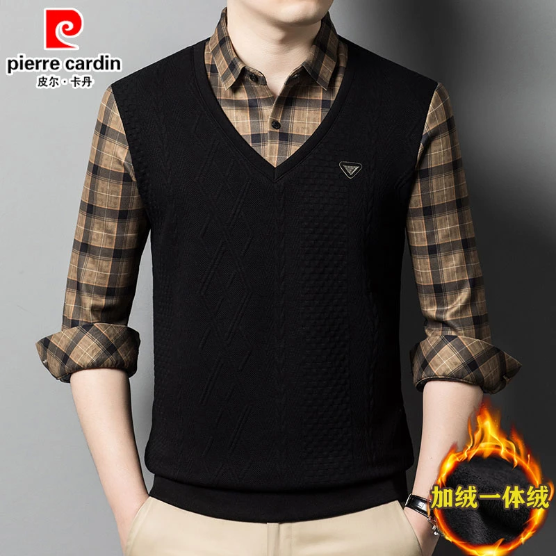 皮尔卡丹男士毛衫加绒加厚假两件毛衣新款中年男士秋冬保暖上衣