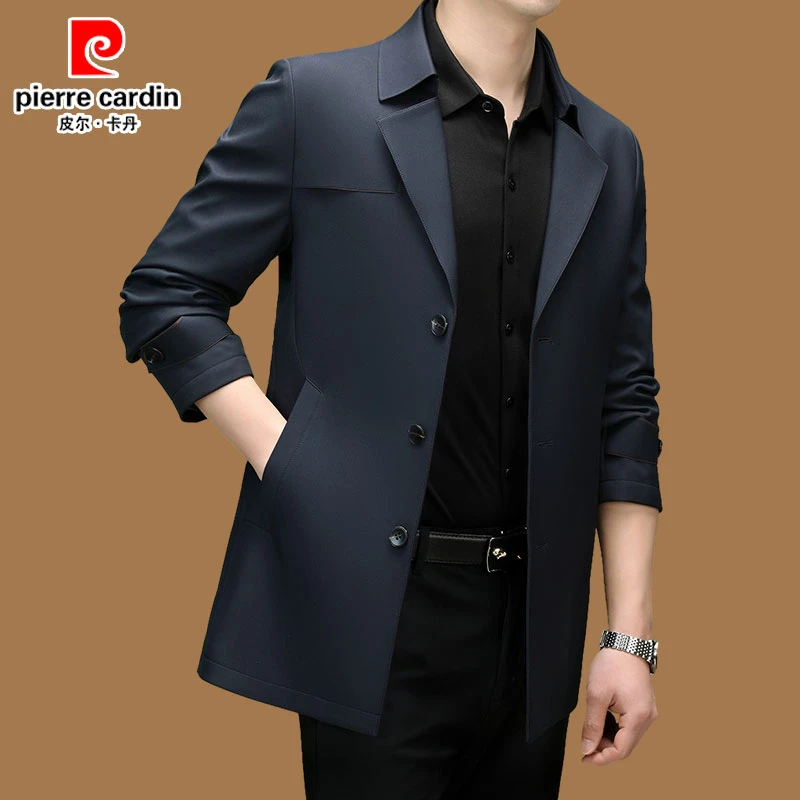 皮尔卡丹风衣外套男款中长款春秋季男士商务休闲西装领高档夹克