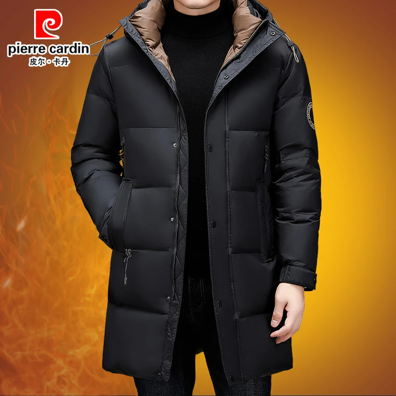 皮尔卡丹中长款男装鹅绒服2024新款冬季保暖防风连帽加厚羽绒外套