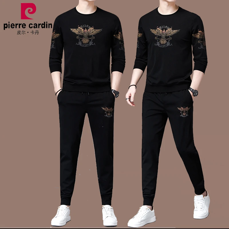 皮尔卡丹套装男两件圆领长袖t恤男士时尚休闲潮流春装一套衣服