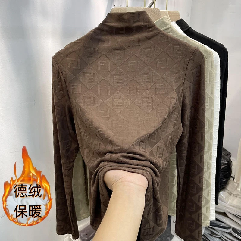 双面德绒保暖提花格子新中式长袖T恤女内搭半高领打底衫潮网红