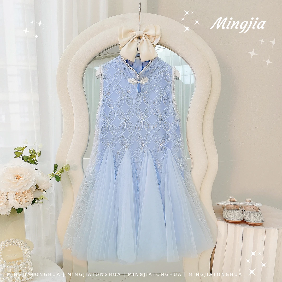 女童连衣裙2024夏季珍珠领盘扣气质淑女鱼尾A版公主裙T4230001157