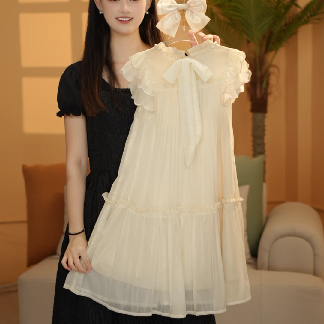 女童连衣裙2024夏季时尚飘带系气质花瓣落肩袖连衣裙T4230001417