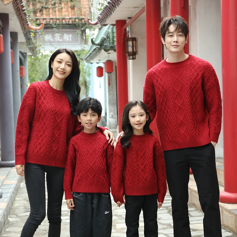 秋冬款加厚亲子装母子母女装童装套头毛衣一家三口四口红色家庭装
