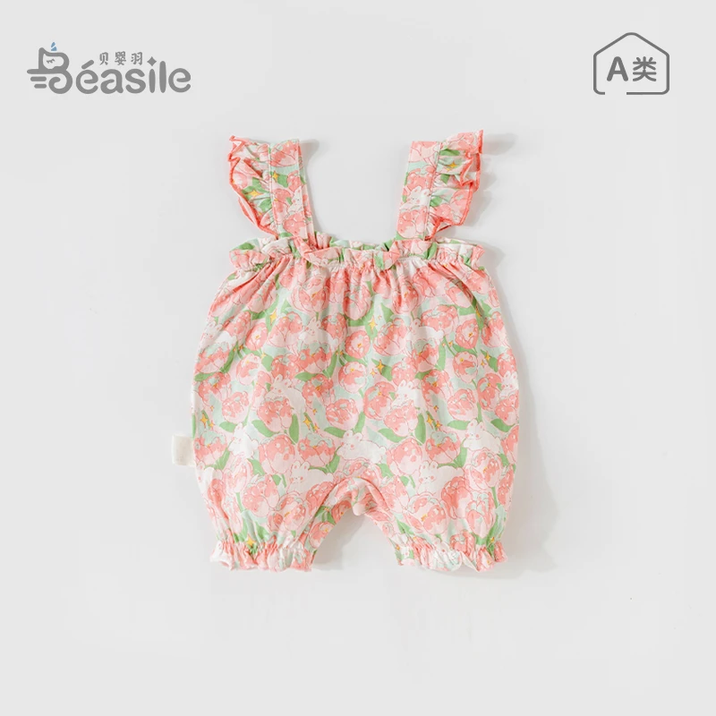 新生儿夏季吊带连体衣宝宝夏纯棉碎花哈衣婴儿夏装无袖连体哈衣