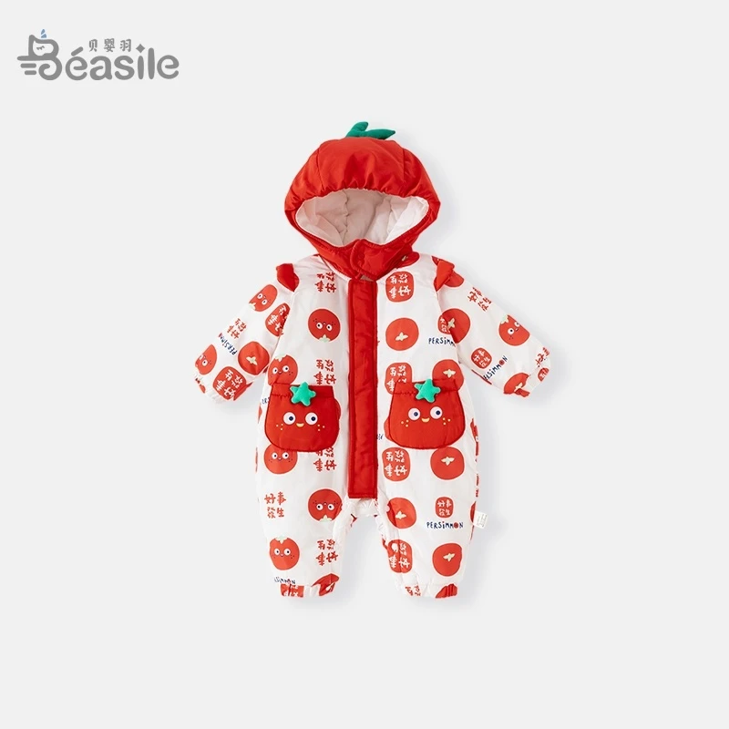 新生儿夹棉冬装婴幼儿冬季保暖哈衣爬服宝宝秋冬长袖连帽连体衣