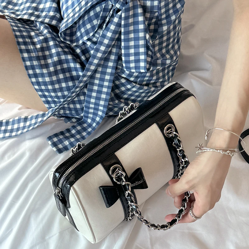 韩国小众Cardinal red千金小香风链条油蜡牛皮波士顿包手提斜挎包