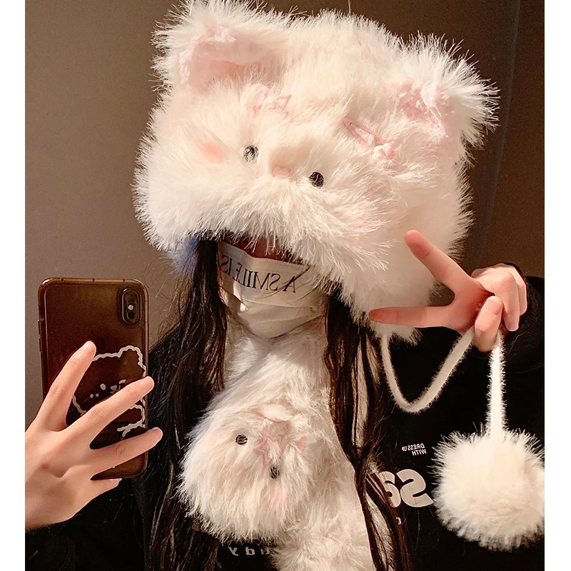 可爱发夹猫咪毛绒围巾帽子加绒秋冬冬季加厚保暖防寒护耳帽子卡通