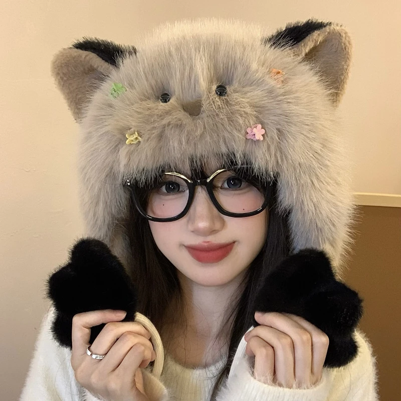 可爱腮红小猫耳朵系带加绒加厚帽子女冬季保暖骑行毛绒卡通渔夫帽