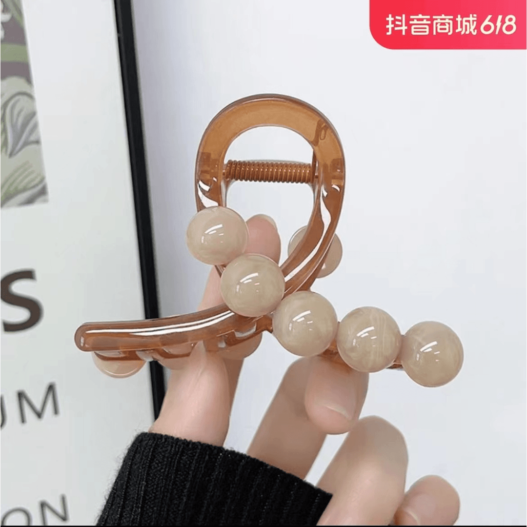 法式醋酸透棕色抓夹淡粉色圆珠晕染发夹高级感百搭精致鲨鱼夹ins