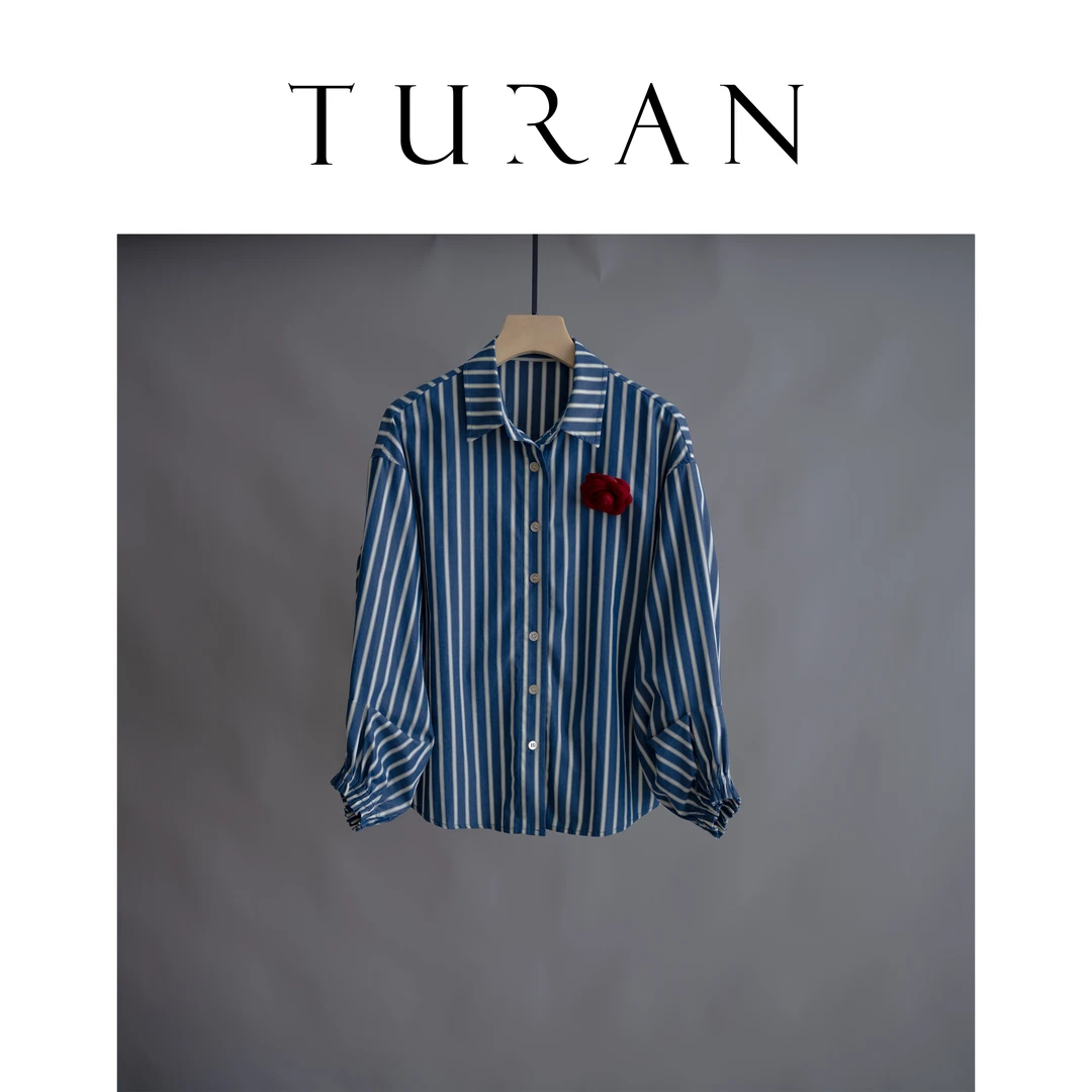 唐顿庄园色织沉淀蓝纹衬衫长袖时尚休闲百搭简约日常通勤TRZY0257