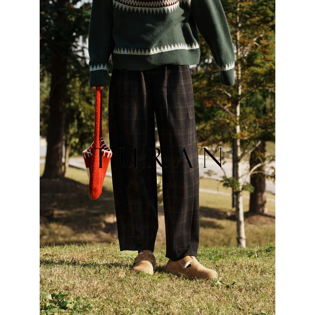 大格子复古定制呢子裤针织印花暗格立裁百搭阔腿休闲裤TRZY0852