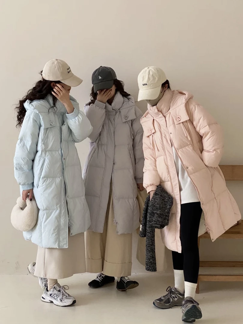 冬季爆款长款韩系羽绒服宽松加厚白鸭绒连帽设计感时尚外套