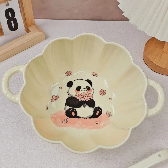 【大汤碗】奶油风熊猫大容量汤碗勺陶瓷家用汤勺双耳餐具组合
