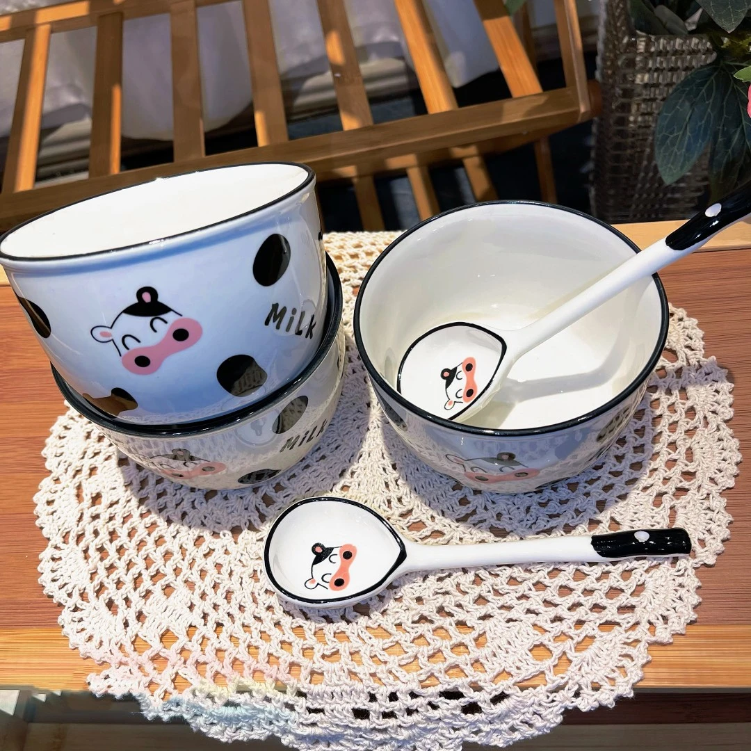 【4碗4勺】陶瓷奶牛米饭碗勺子家用吃饭碗家用餐具