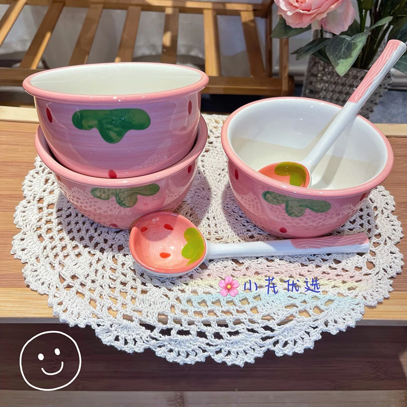 【米饭碗+勺】草莓陶瓷米饭碗长柄陶瓷勺家用高颜值吃饭喝汤碗餐具