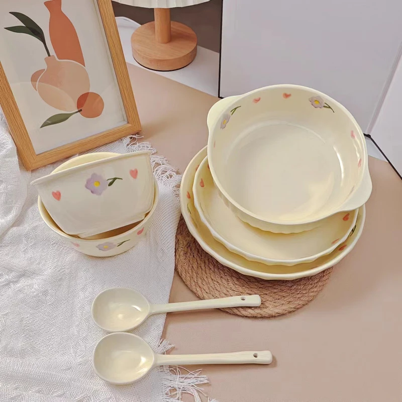 【7件套】奶油风米饭碗圆盘深盘紫藤花套装陶瓷家用餐具碗勺