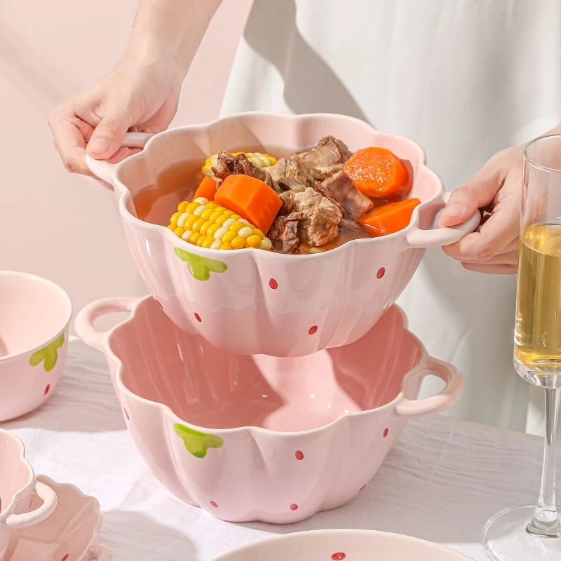 【大汤碗】奶油风粉草莓大容量汤碗陶瓷家用汤勺双耳餐具组合