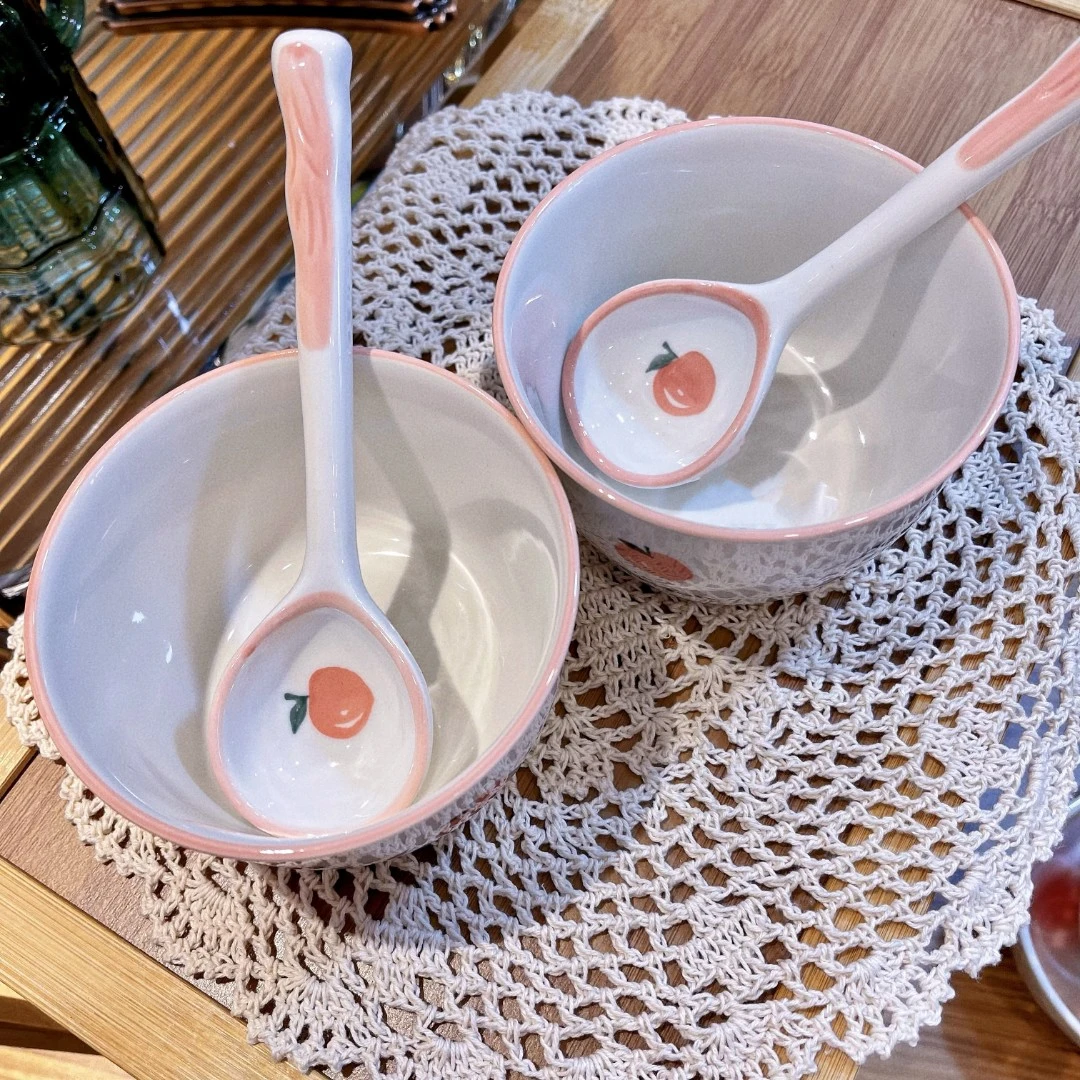 （2碗2勺）家用碗勺水蜜桃碗创网红可爱碗勺餐具组合陶瓷米饭碗具