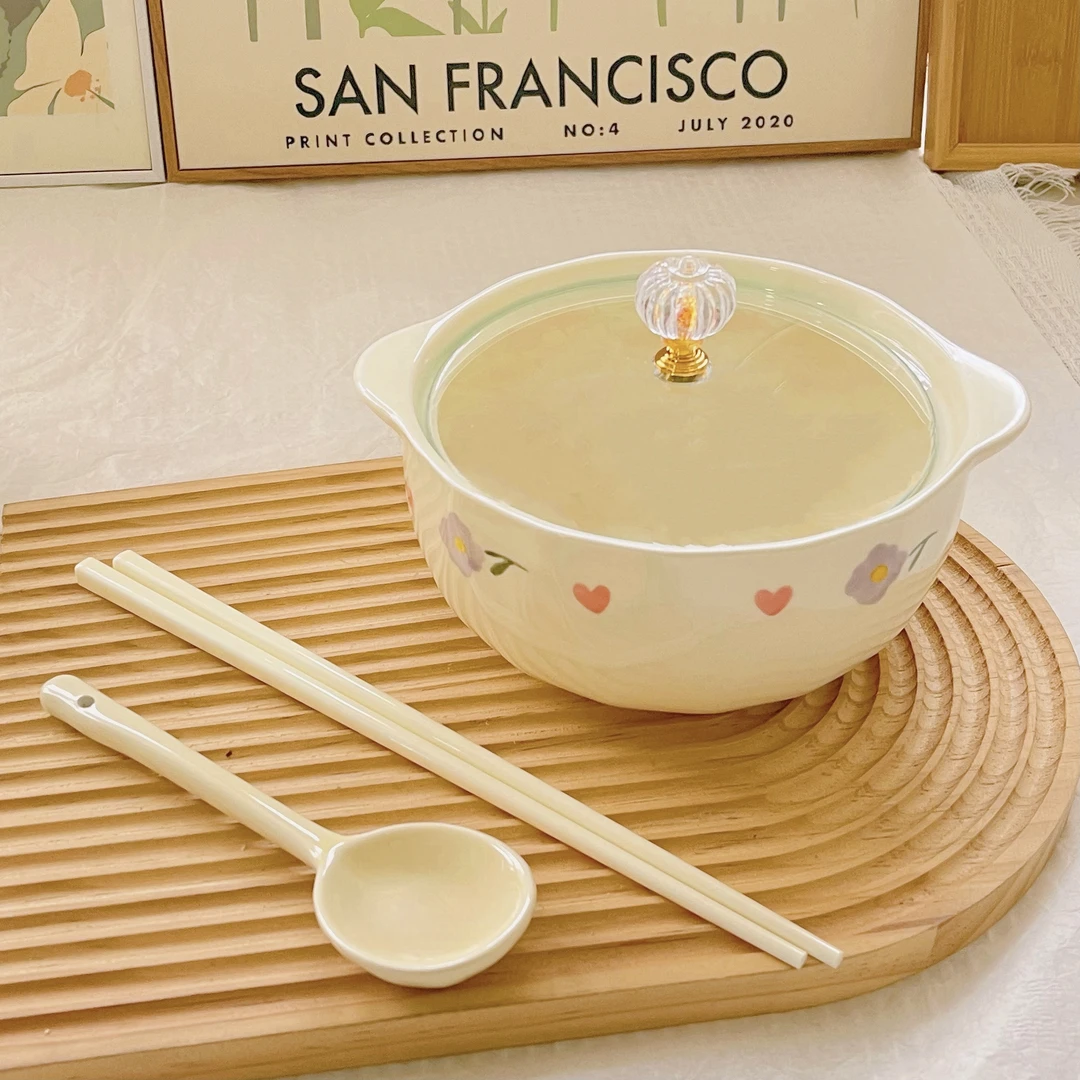【泡面碗+勺+筷子】奶油风紫藤花家用泡面碗装汤碗家用陶瓷餐具