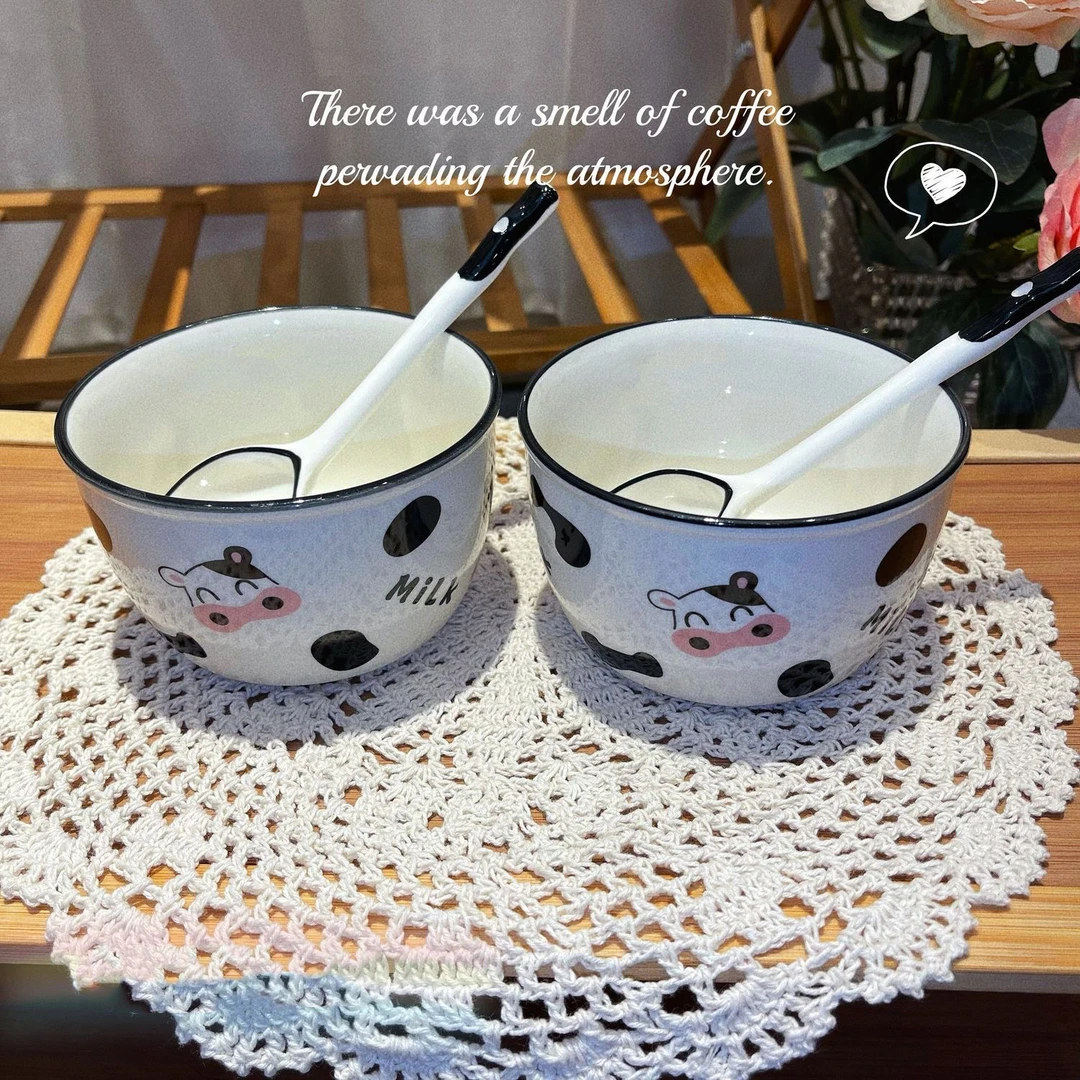 【2件套】陶瓷奶牛手吧碗勺子宿舍便携家用吃饭大号碗家用餐具