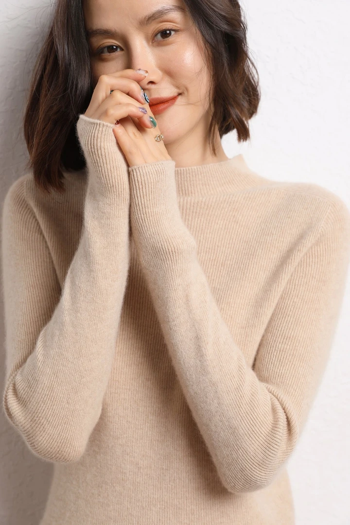 肤若抽条半高领山羊绒衫一线成型女修身显瘦套头打底衫百搭