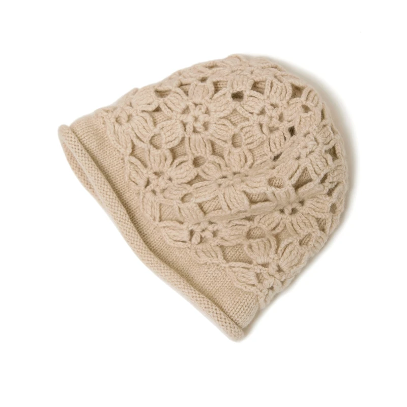 肤若手工高端纯山羊绒帽子针织镂空花型时尚保暖百搭