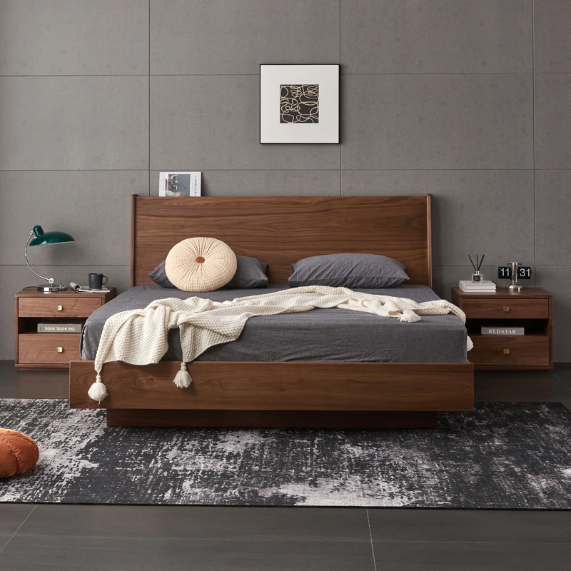 北美黑胡桃木高箱大床现代简约实木双人床储物悬浮床定制主卧室