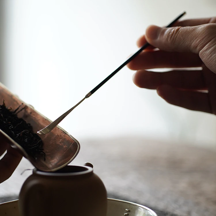 清物堂纯手工银制茶拨松石绿尾缀手工打磨紫檀木柄茶道件17cm