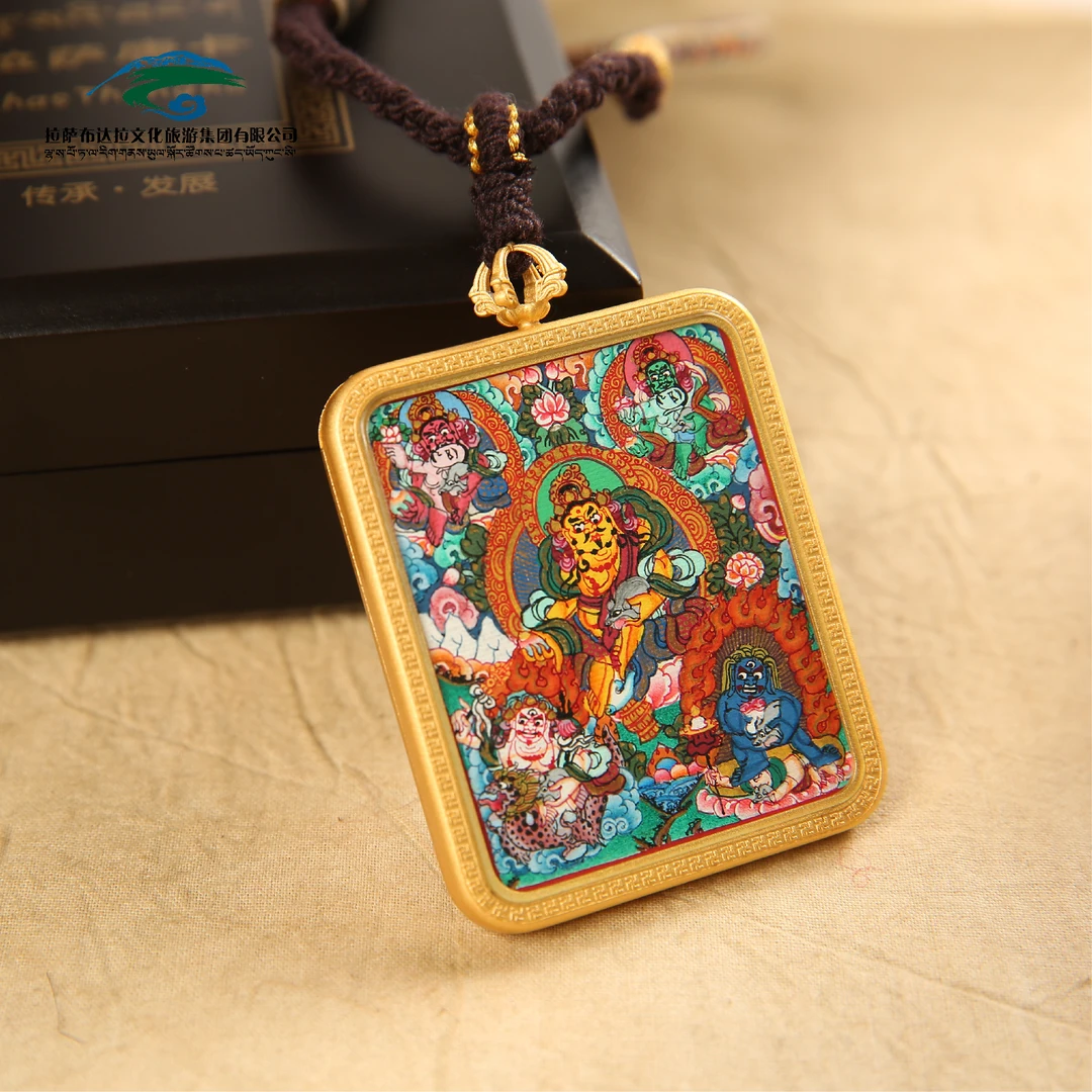 【勉唐画派传世】纯手绘唐卡黄铜镀砂金吊坠挂饰五路CC