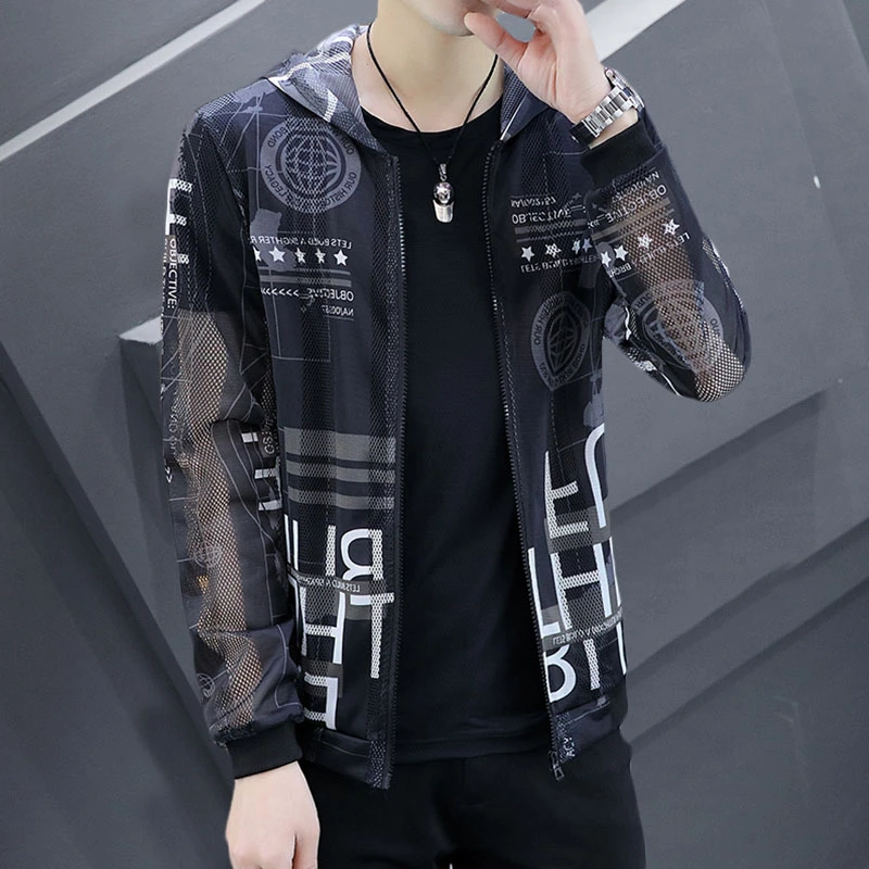 男士夏季修身镂空透气印花防晒服大码防紫外线户外连帽外套薄款潮