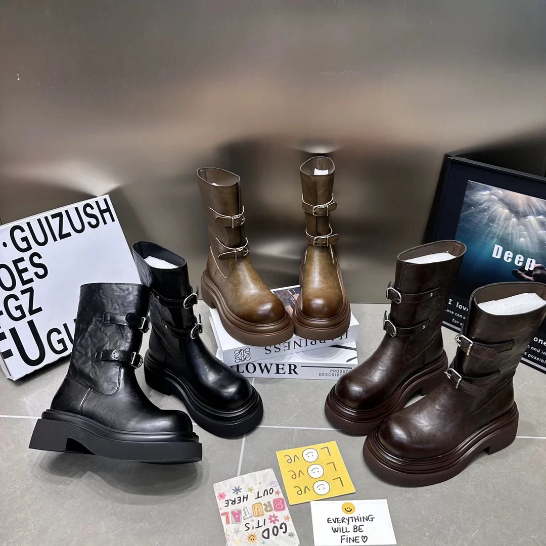 欧货高品质时尚真皮短靴女2024秋厚底高级圆头百搭切尔西靴马丁靴