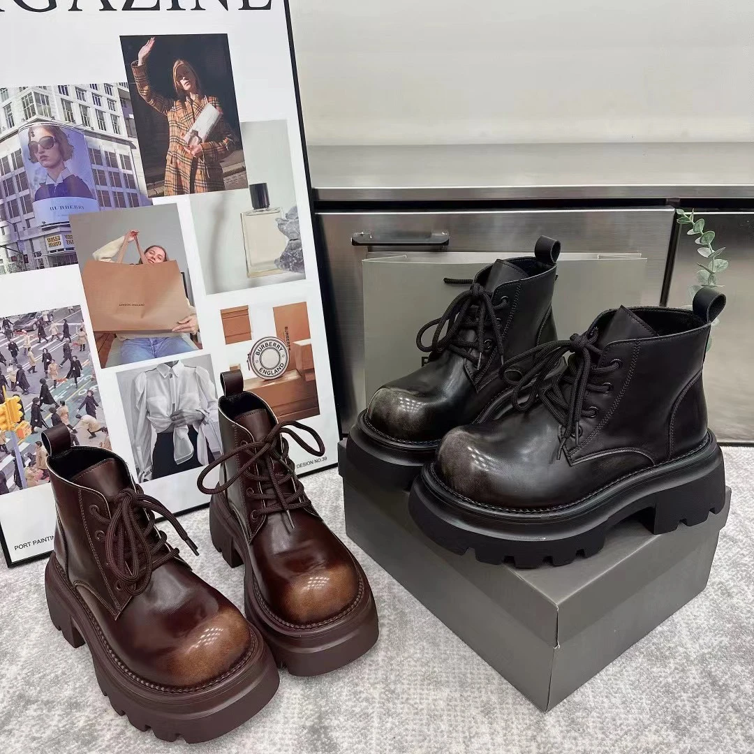 真皮厚底马丁靴女2024秋冬新款做旧擦色系带马丁靴5551