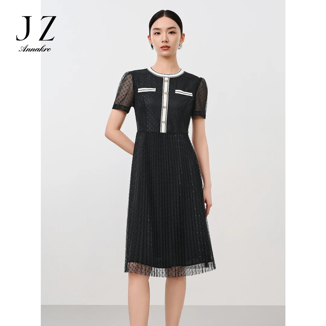 玖姿安娜蔻小香风蕾丝撞色收腰连衣裙女夏季JTEX50034
